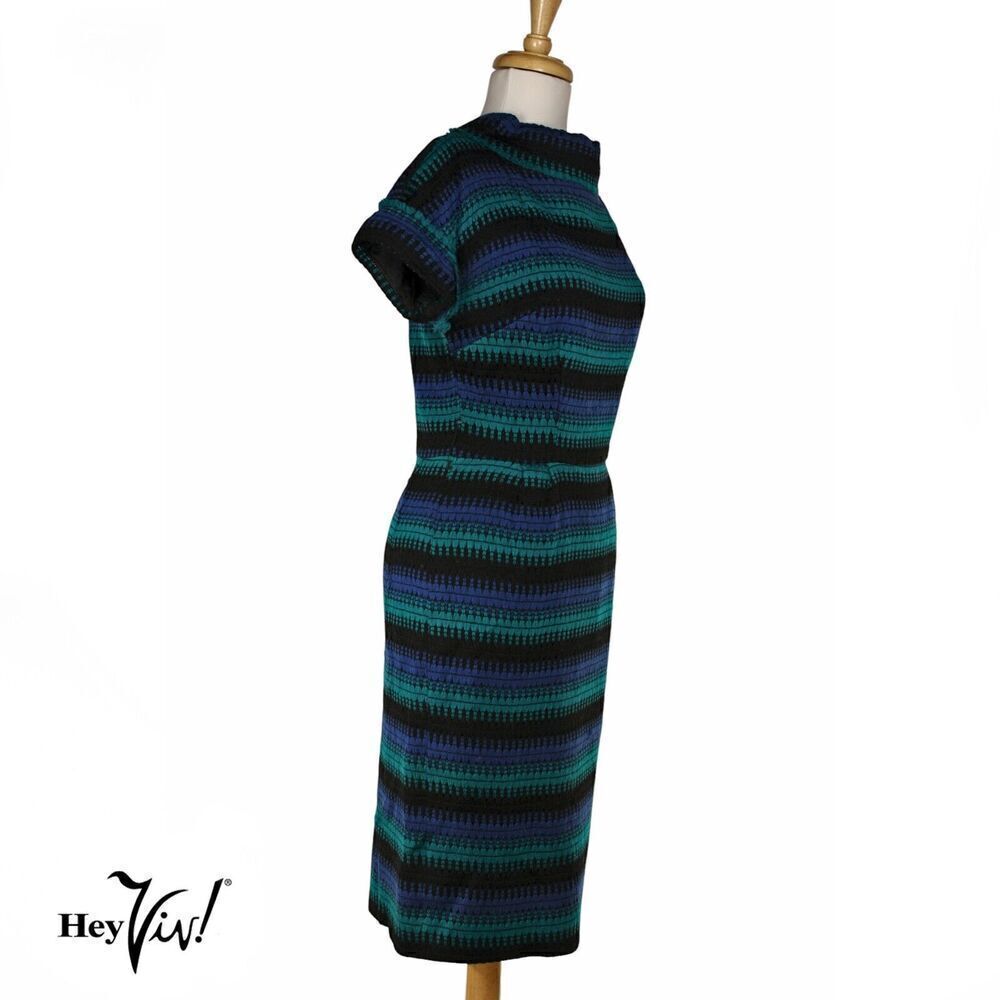 Vintage Fitted Sheath Dress Woven Blue Green Stripe Metal Zip Size M - Hey Viv